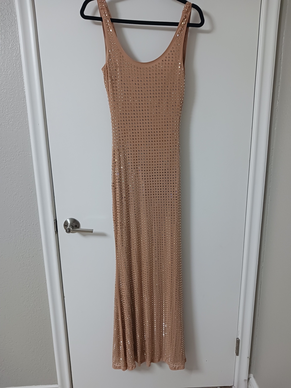 LULUS Dazzling Finesse Tan Mesh Rhinestone Cowl Back Maxi Dress - Size S